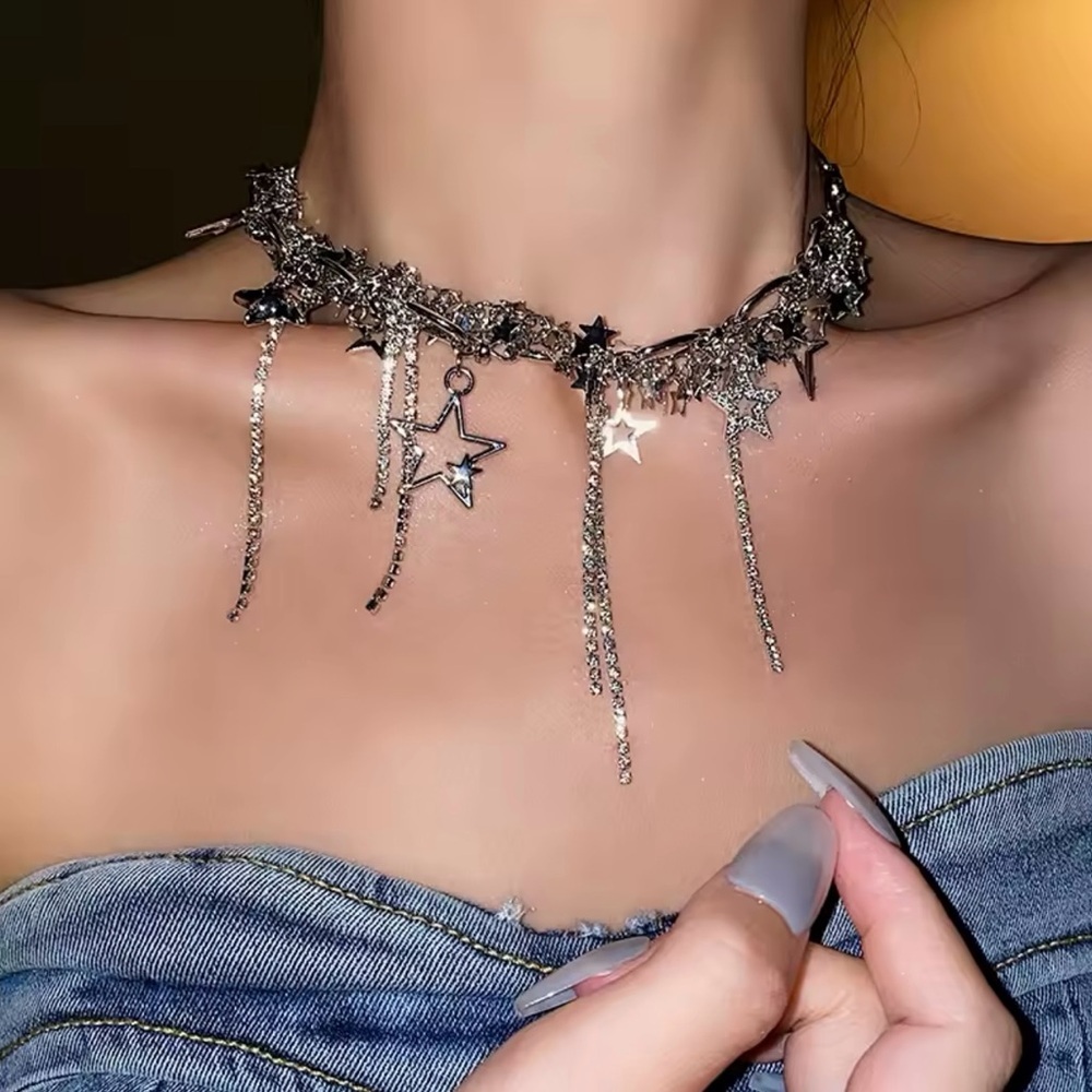 Silver Hollow Star Choker Necklaces Tassel Star For Women